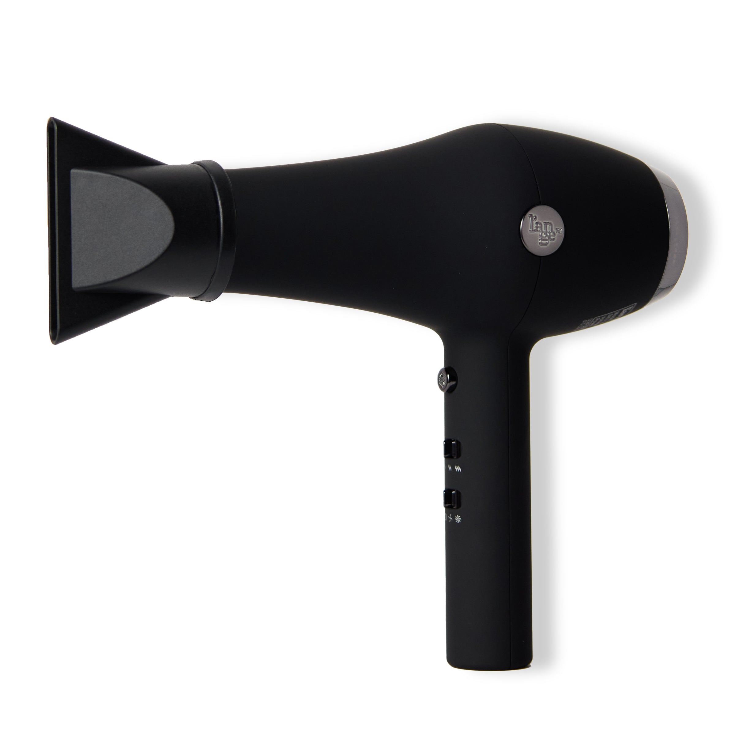 Soleil Professional Hair Dryer in Black with silver L'ange logo, black cap and filter on a white background.