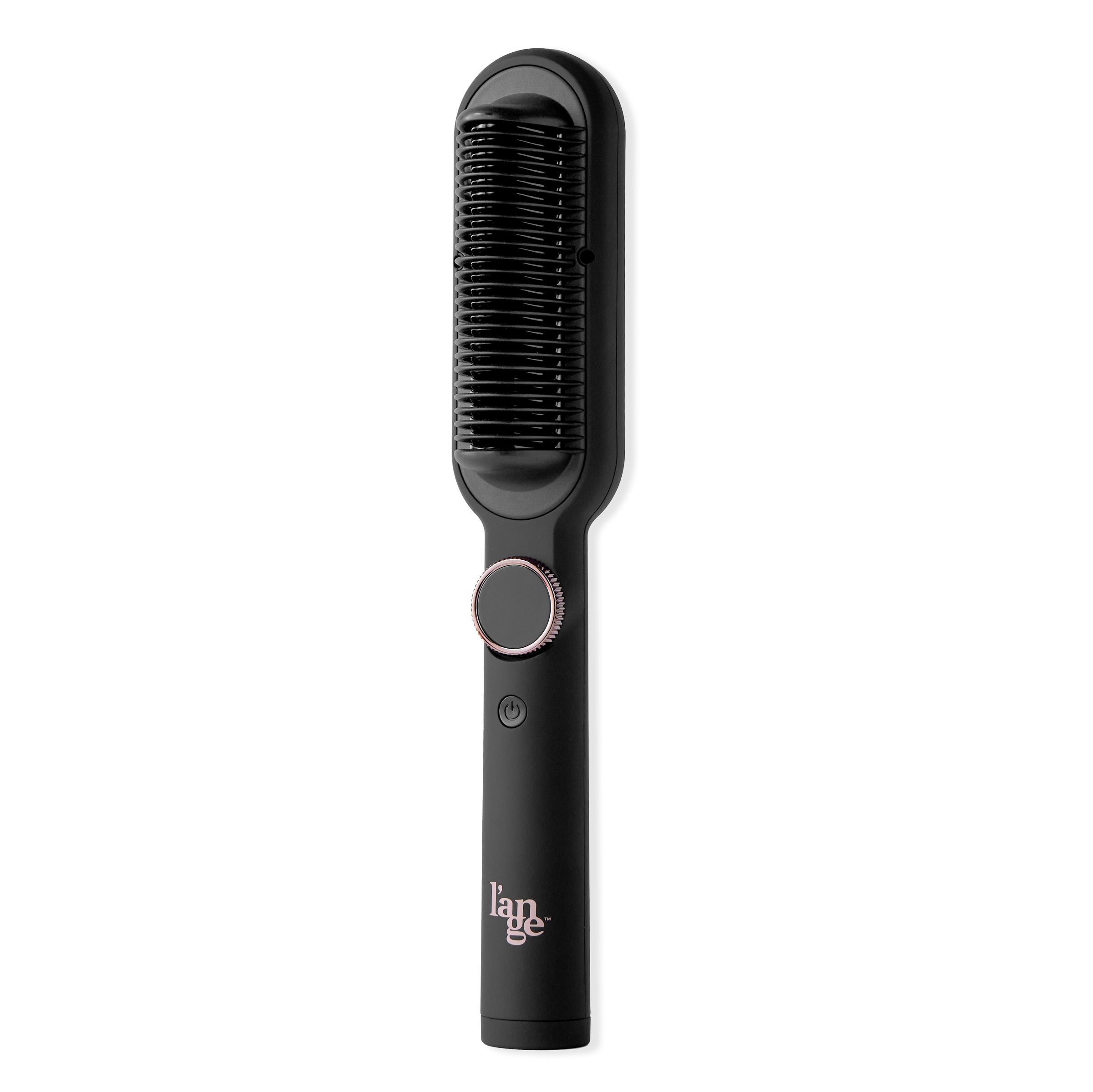 A black handheld electric comb with a circular dial and power button on the handle, designed for hair styling.